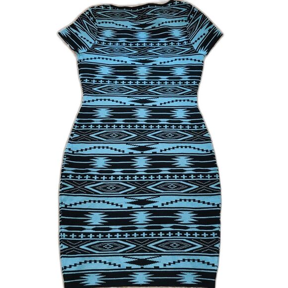 Fiancee Blue Dress women bodycon short sleeve dress with geometric print size S - Picture 2 of 7
